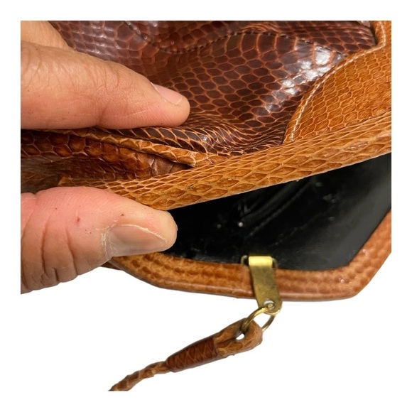 Brown Leather Clutch Snakeskin Shoulder Crossbody Strap Convertible Clutch 1980s - Picture 11 of 15